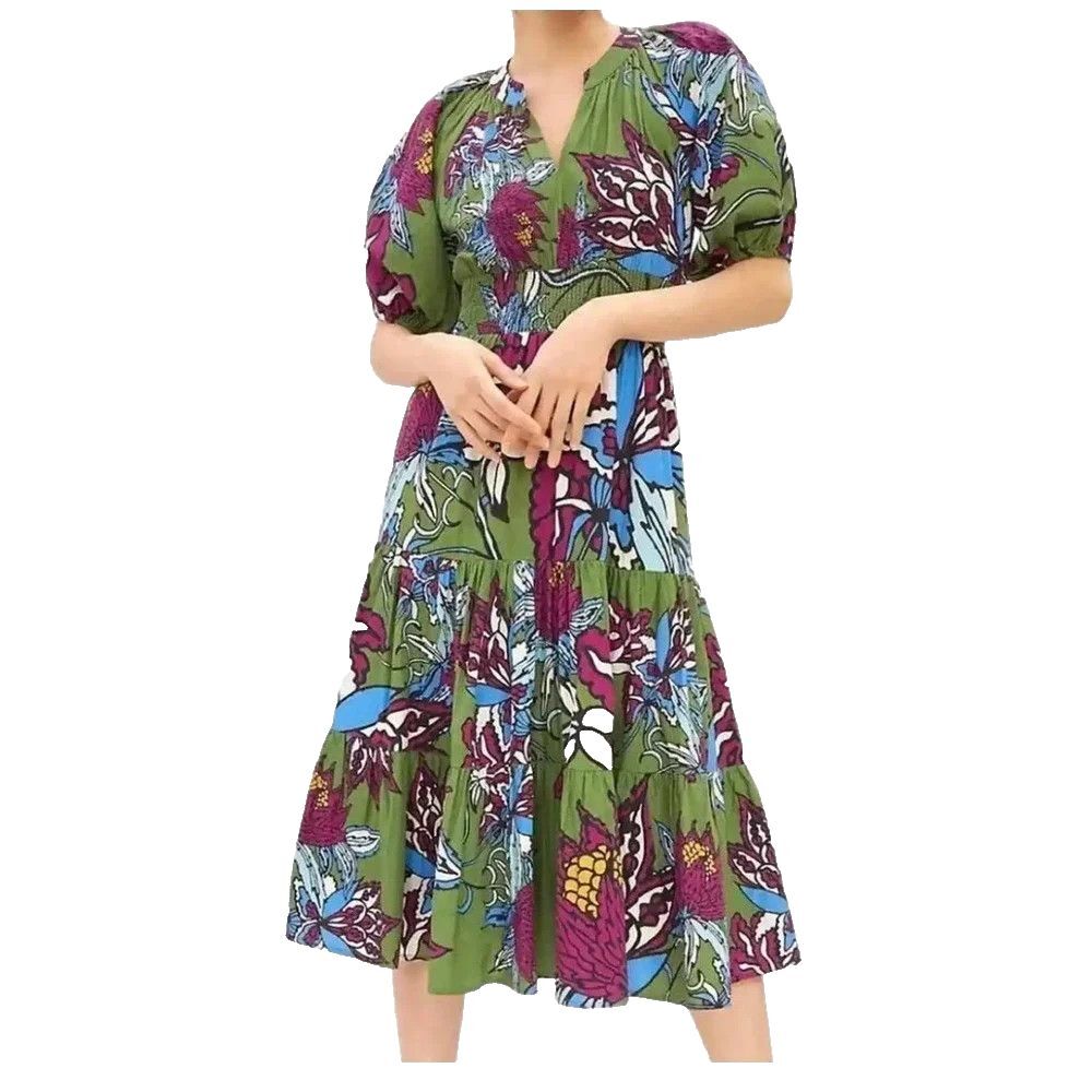 Anthropologie Conditions Apply Green Floral Puff Sleeve Midi Dress Size 2 BOHO